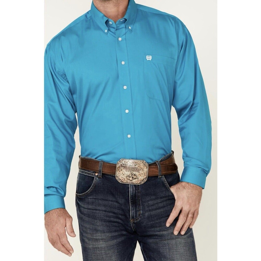 Cinch Men's Size L Solid Teal Long Sleeve Button Down Western Cowboy Shirt